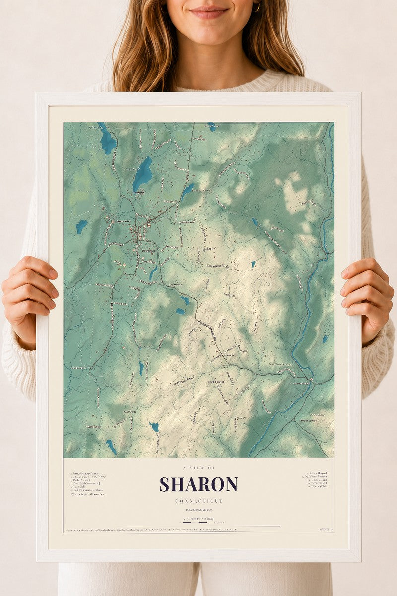 Sharon, Connecticut map print, 18" x 24", W/ White Ayous Wood Frame