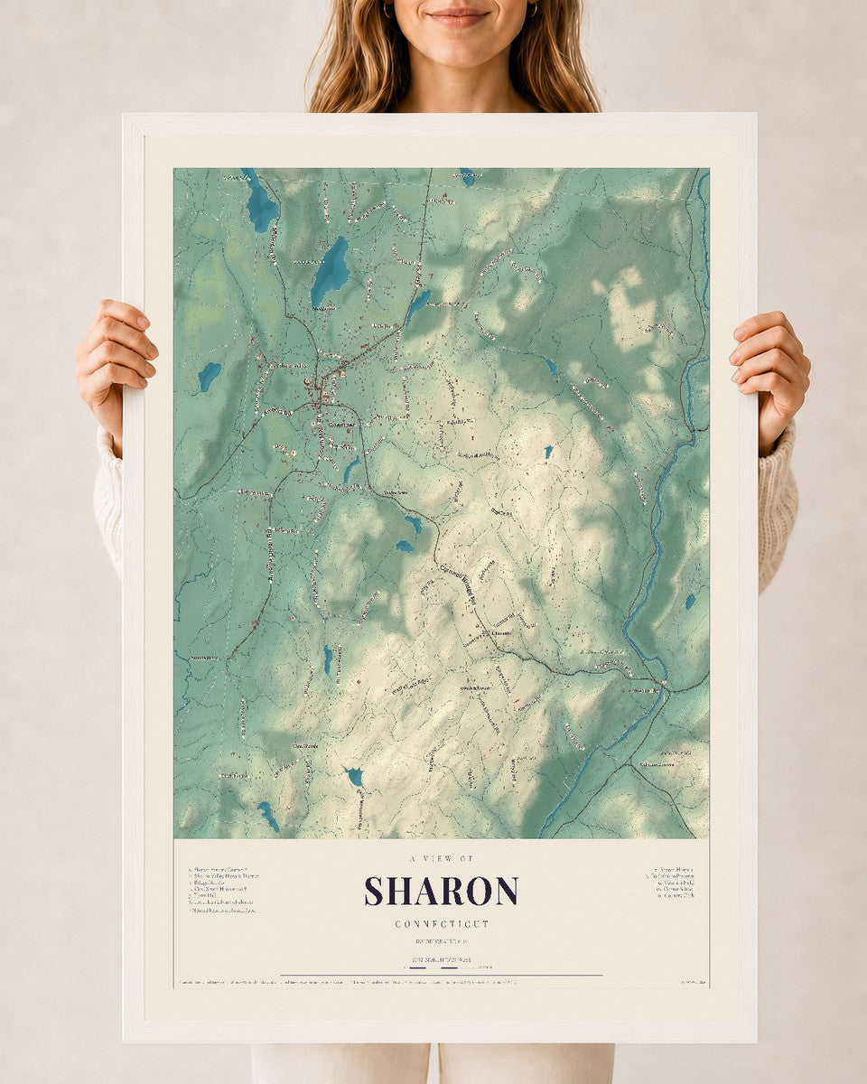 Sharon, Connecticut map print, 24" x 36", W/ White Ayous Wood Frame