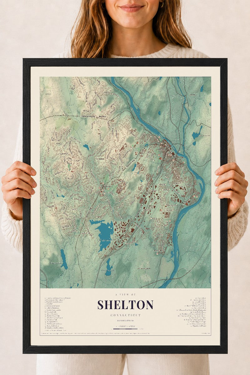 Shelton, Connecticut map print, 18" x 24", W/ Black Ayous Wood Frame