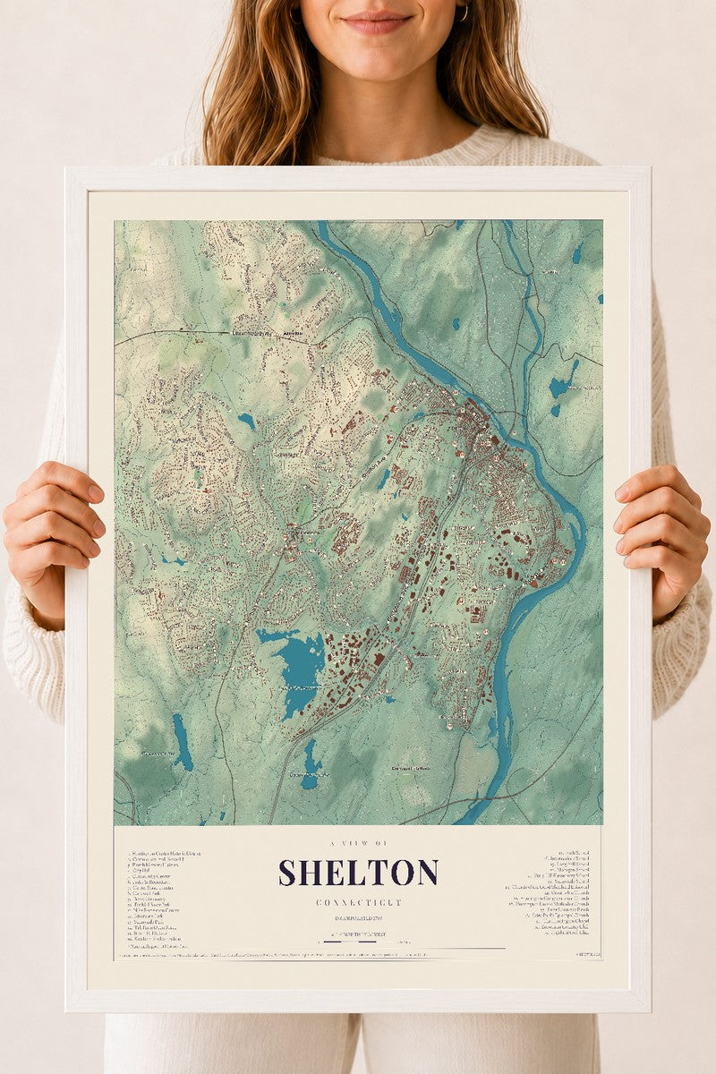 Shelton, Connecticut map print, 18" x 24", W/ White Ayous Wood Frame