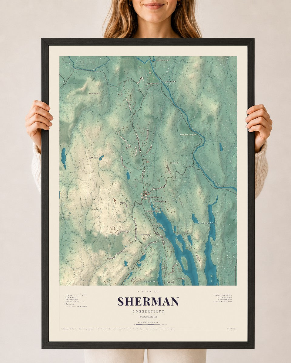 Sherman, Connecticut map print, 24" x 36", W/ Black Ayous Wood Frame