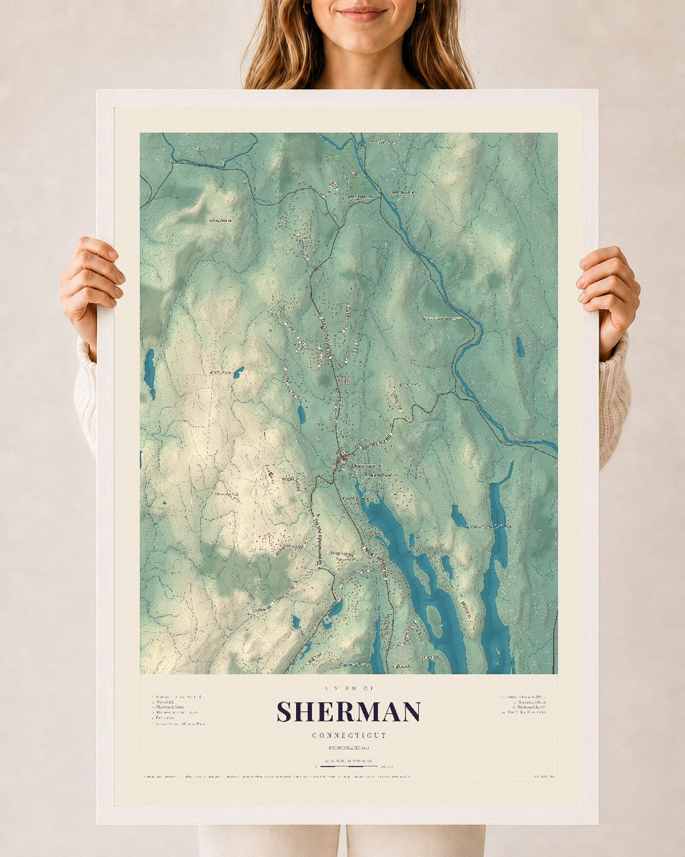 Sherman, Connecticut map print, 24" x 36", W/ White Ayous Wood Frame
