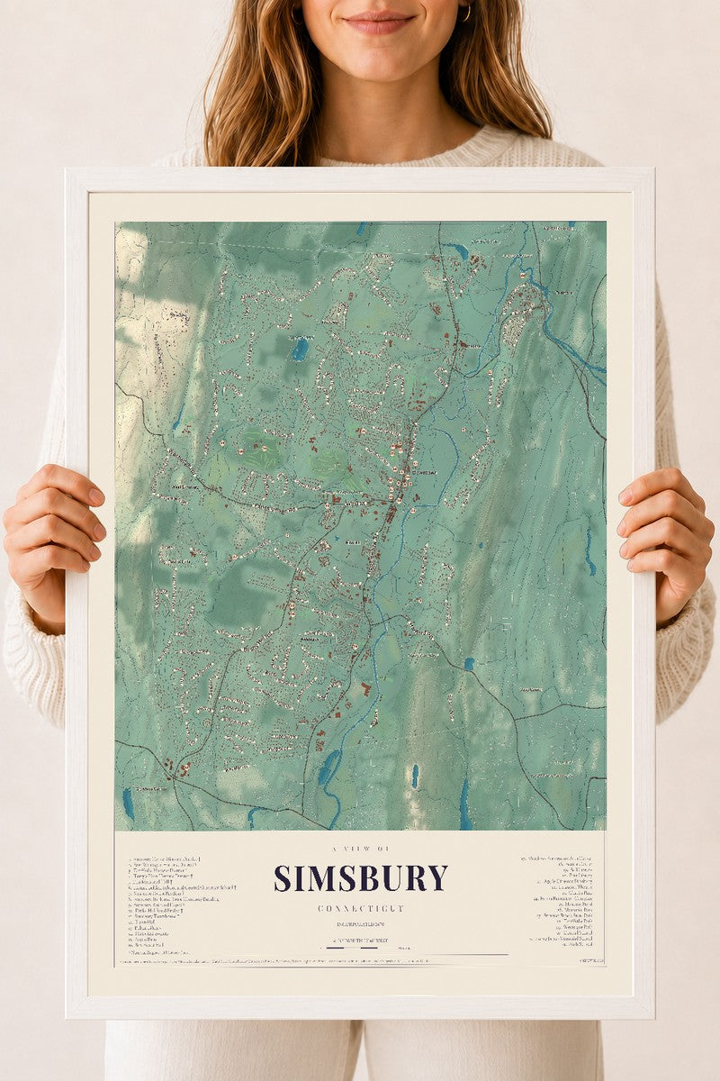 Simsbury, Connecticut map print, 18" x 24", W/ White Ayous Wood Frame