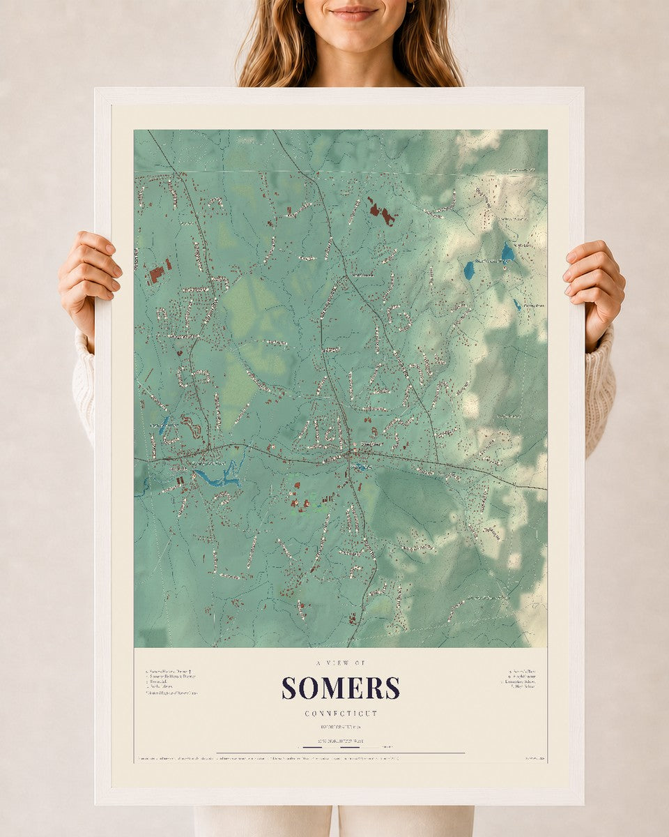 Somers, Connecticut map print, 24" x 36", W/ White Ayous Wood Frame