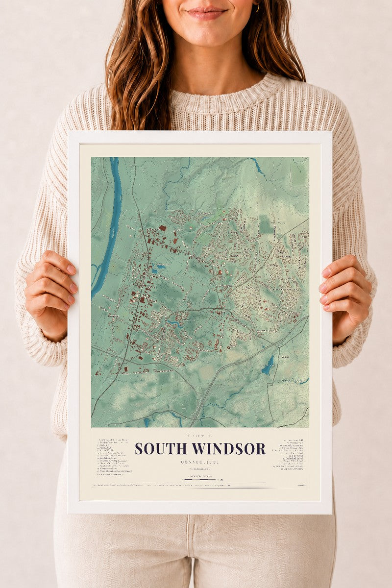 South Windsor, Connecticut map print, 12" x 18", W/ White Ayous Wood Frame
