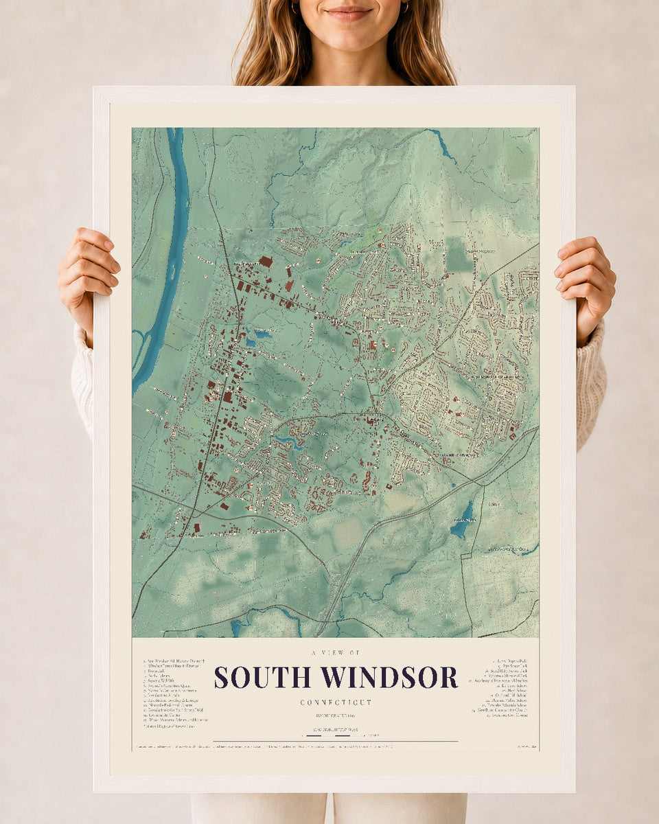 South Windsor, Connecticut map print, 24" x 36", W/ White Ayous Wood Frame