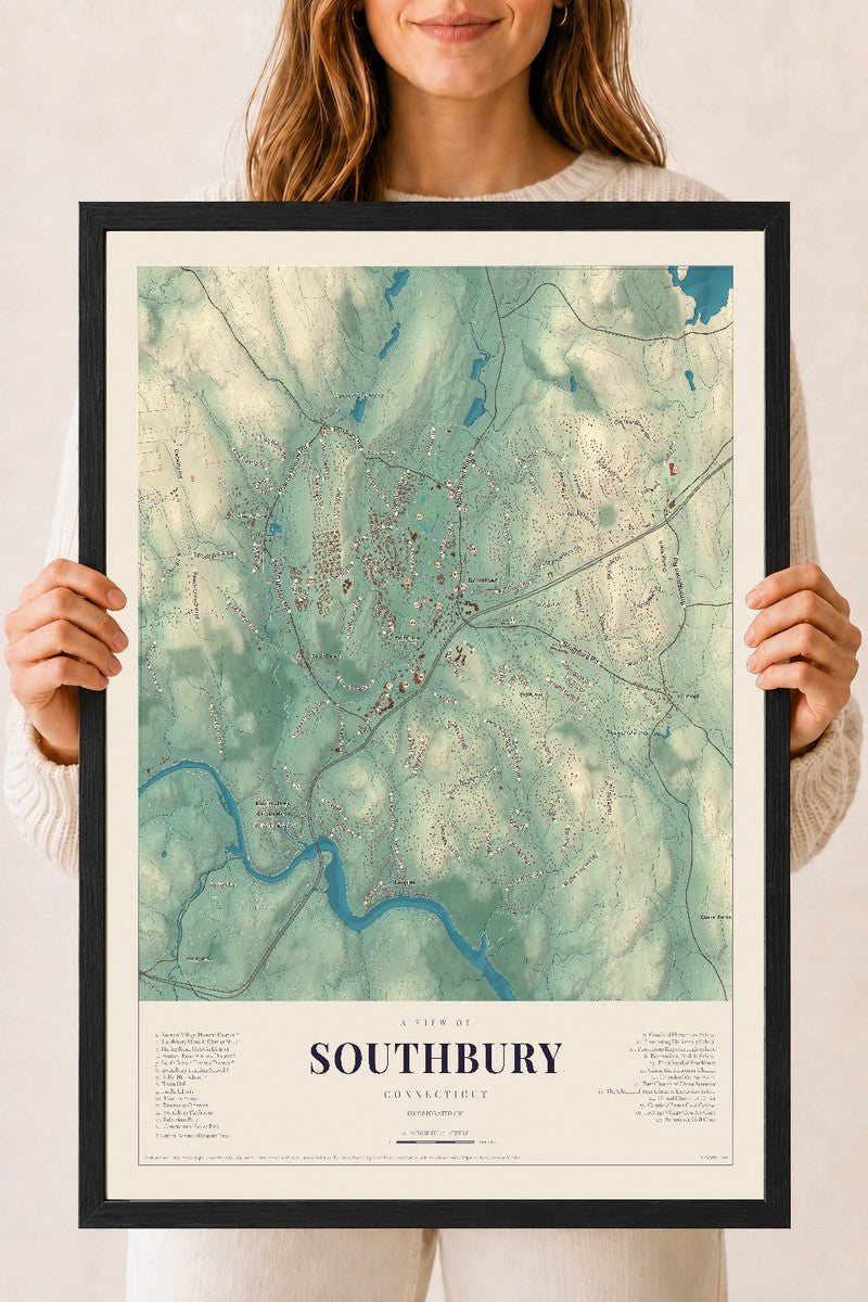 Southbury, Connecticut map print, 18" x 24", W/ Black Ayous Wood Frame