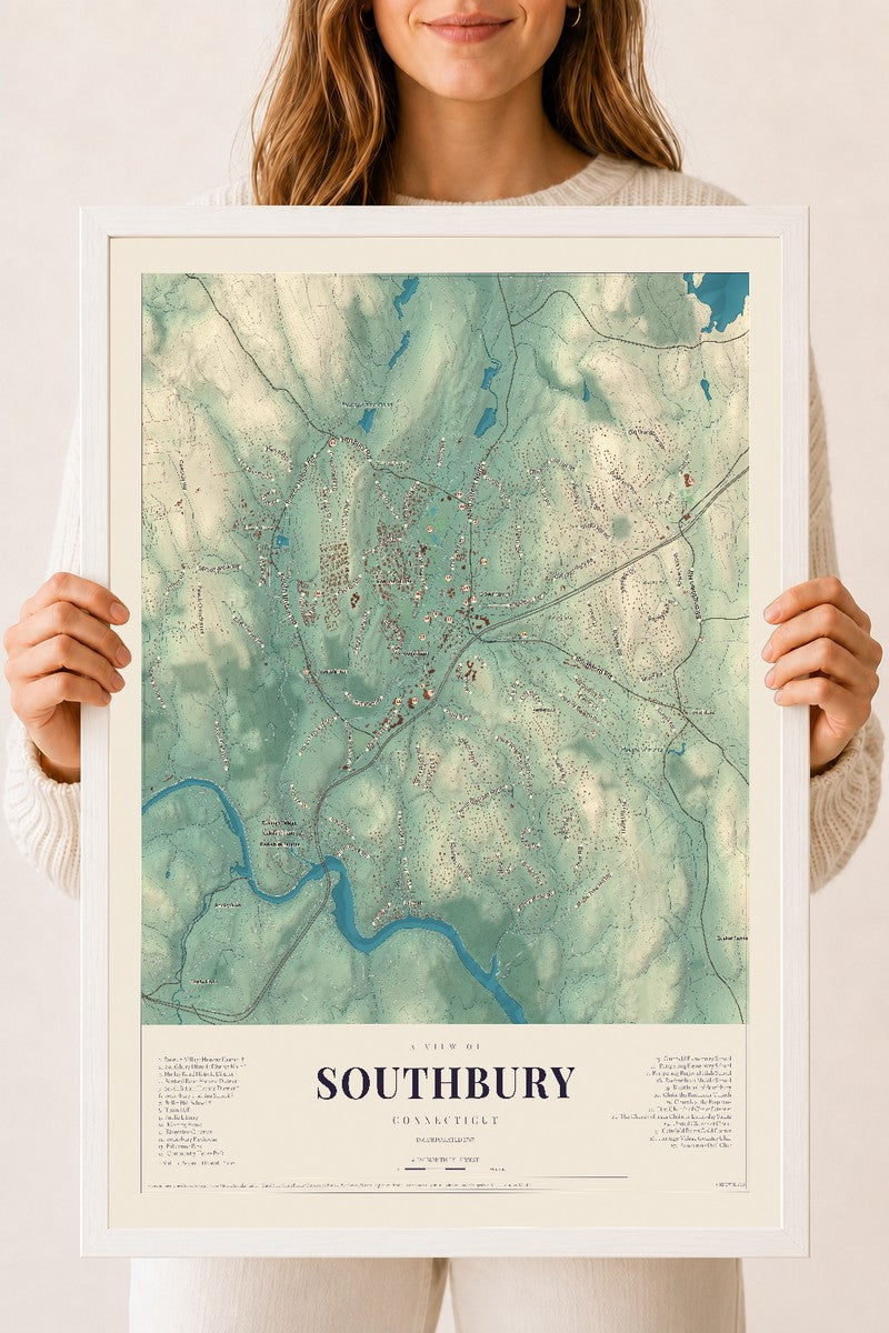 Southbury, Connecticut map print, 18" x 24", W/ White Ayous Wood Frame