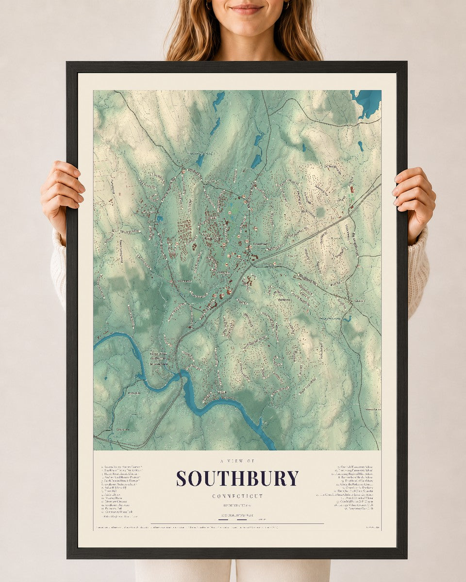 Southbury, Connecticut map print, 24" x 36", W/ Black Ayous Wood Frame