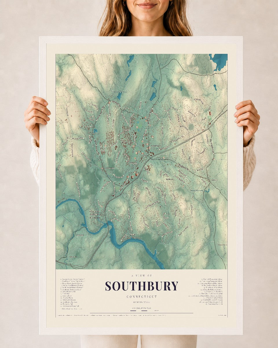 Southbury, Connecticut map print, 24" x 36", W/ White Ayous Wood Frame