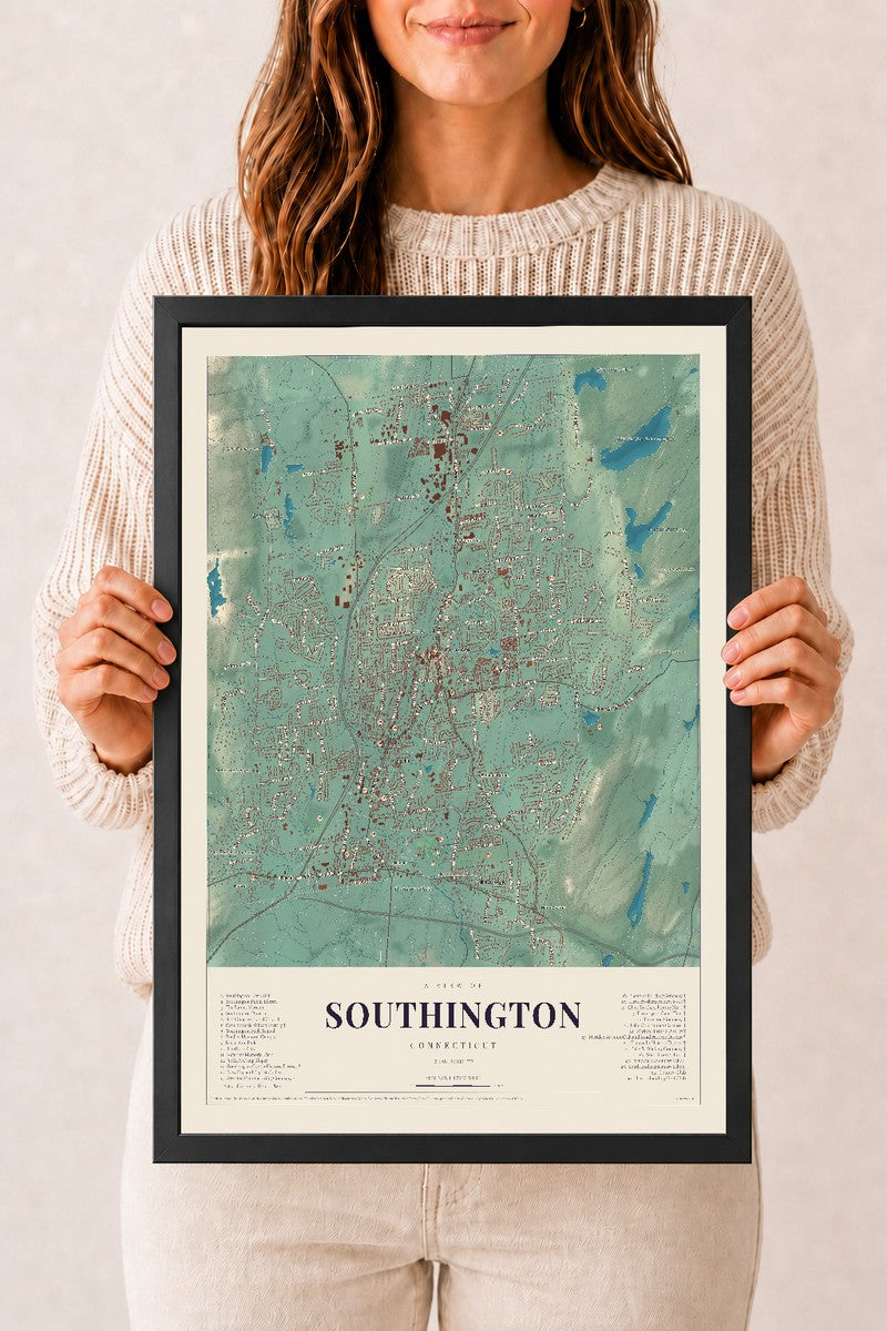 Southington, Connecticut map print, 12" x 18", W/ Black Ayous Wood Frame