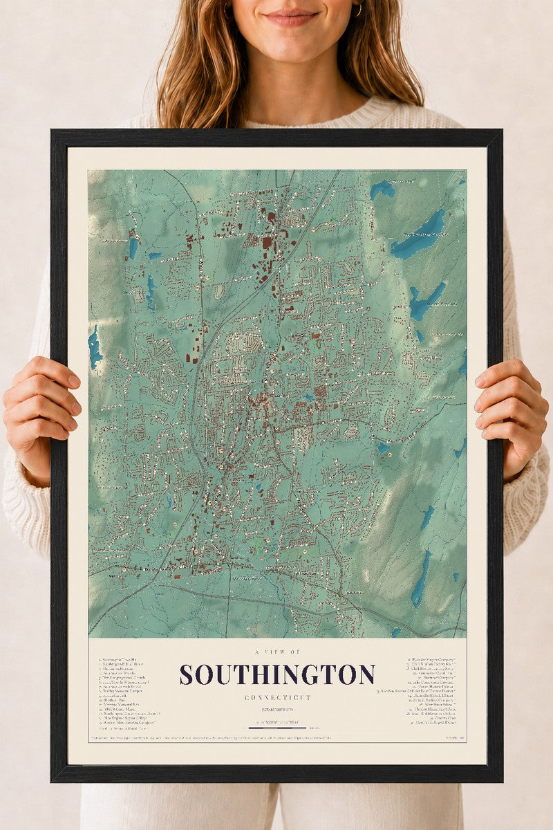 Southington, Connecticut map print, 18" x 24", W/ Black Ayous Wood Frame