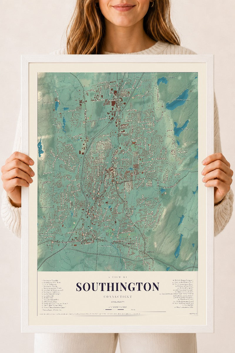 Southington, Connecticut map print, 18" x 24", W/ White Ayous Wood Frame