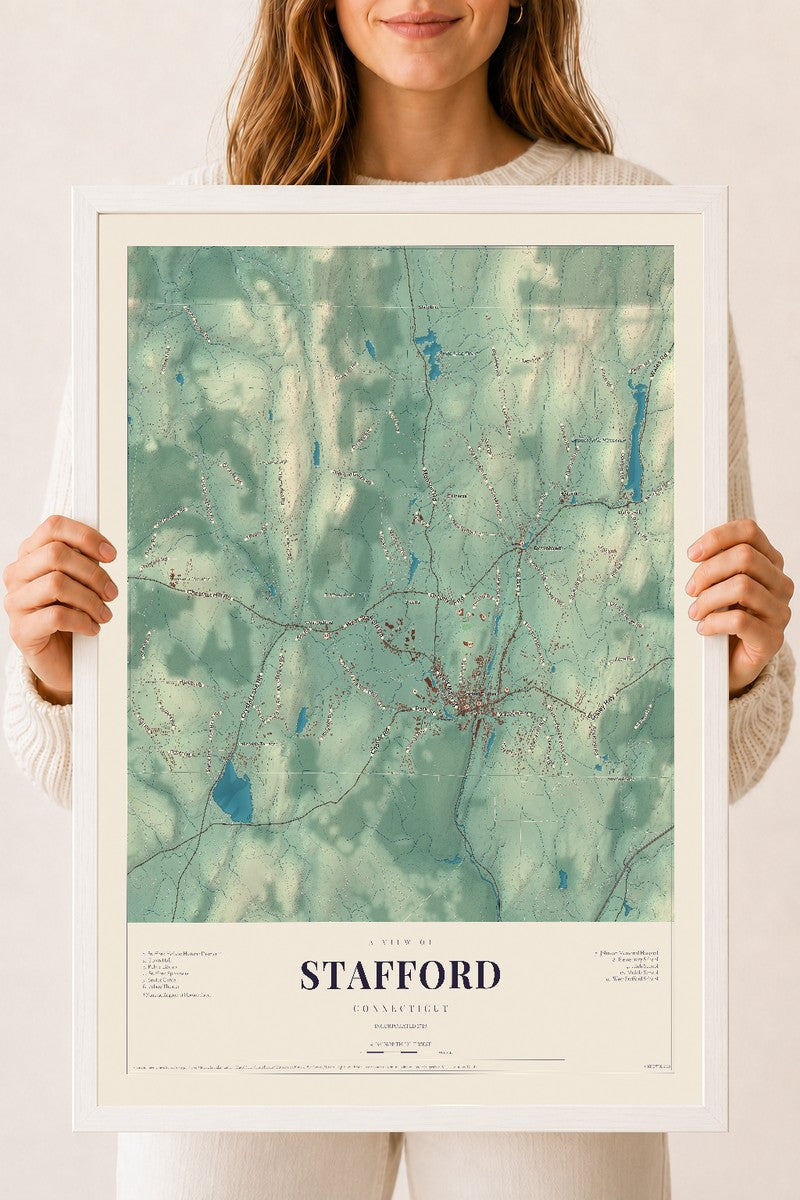 Stafford, Connecticut map print, 18" x 24", W/ White Ayous Wood Frame