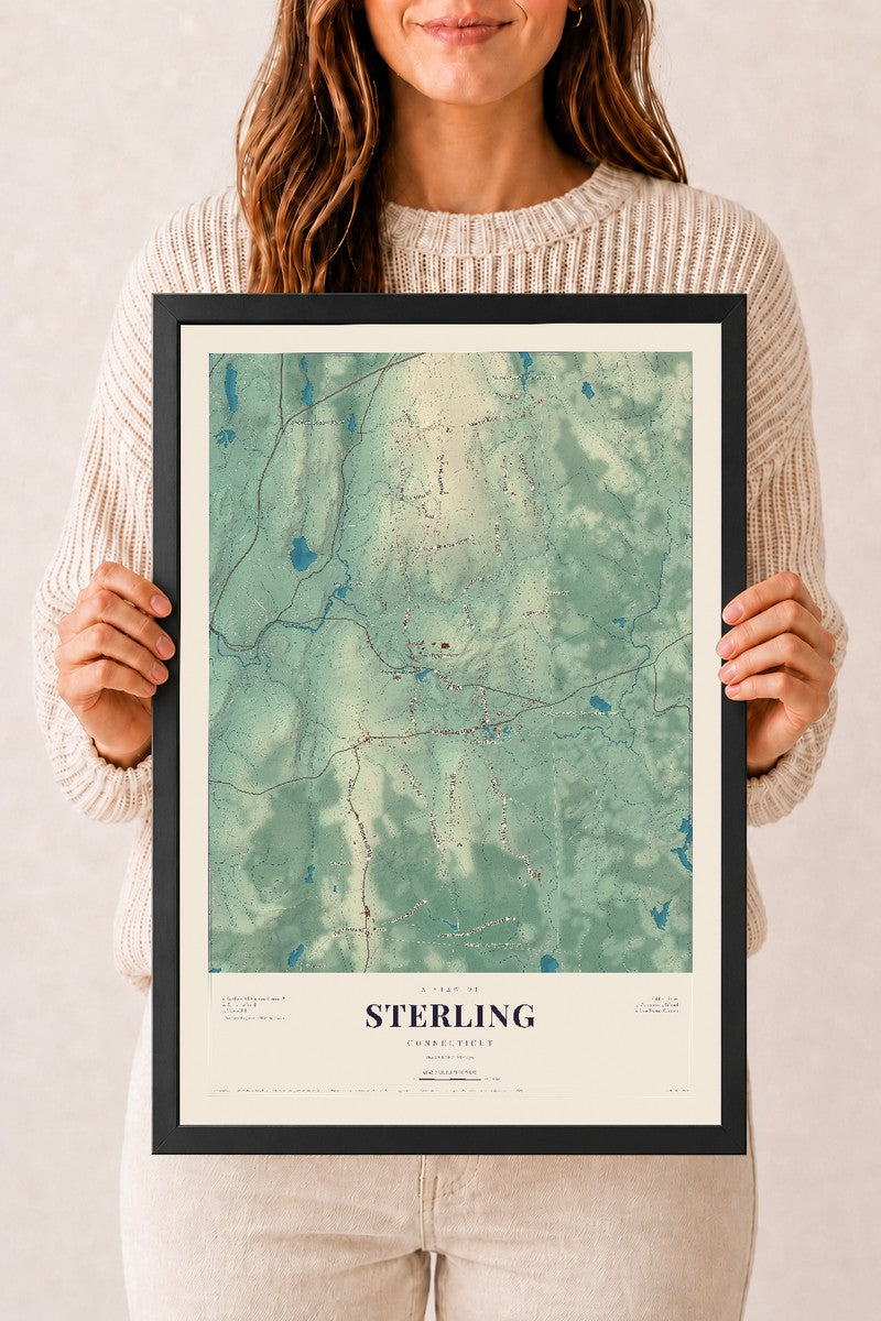 Sterling, Connecticut map print, 12" x 18", W/ Black Ayous Wood Frame