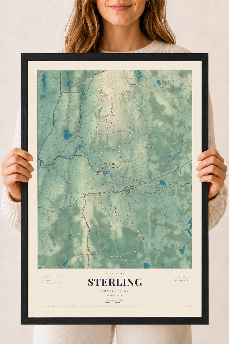 Sterling, Connecticut map print, 18" x 24", W/ Black Ayous Wood Frame