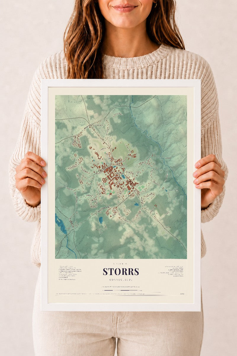 Storrs, Connecticut map print, 12" x 18", W/ White Ayous Wood Frame