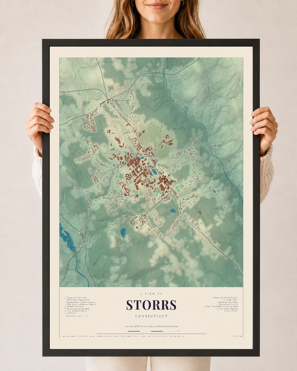 Storrs, Connecticut map print, 24" x 36", W/ Black Ayous Wood Frame