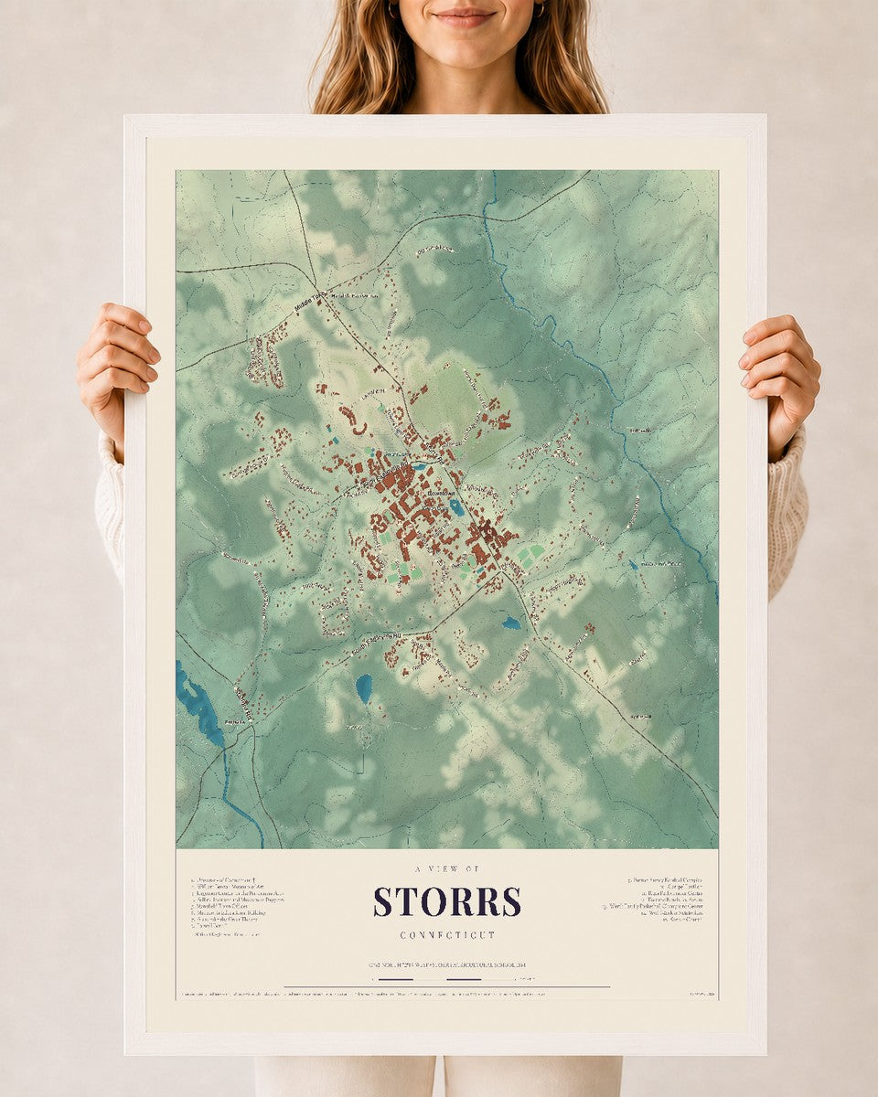 Storrs, Connecticut map print, 24" x 36", W/ White Ayous Wood Frame