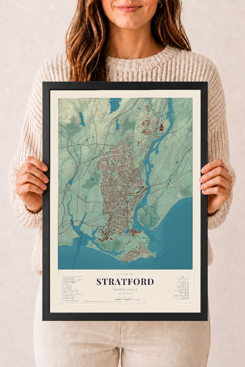 Stratford, Connecticut map print, 12" x 18", W/ Black Ayous Wood Frame