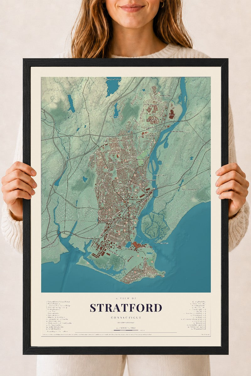 Stratford, Connecticut map print, 18" x 24", W/ Black Ayous Wood Frame