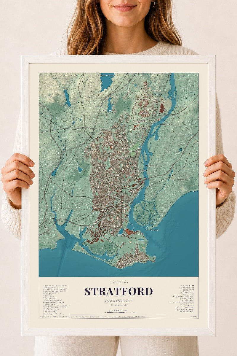Stratford, Connecticut map print, 18" x 24", W/ White Ayous Wood Frame