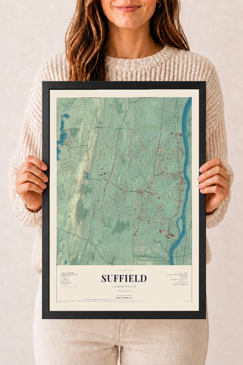 Suffield, Connecticut map print, 12" x 18", W/ Black Ayous Wood Frame