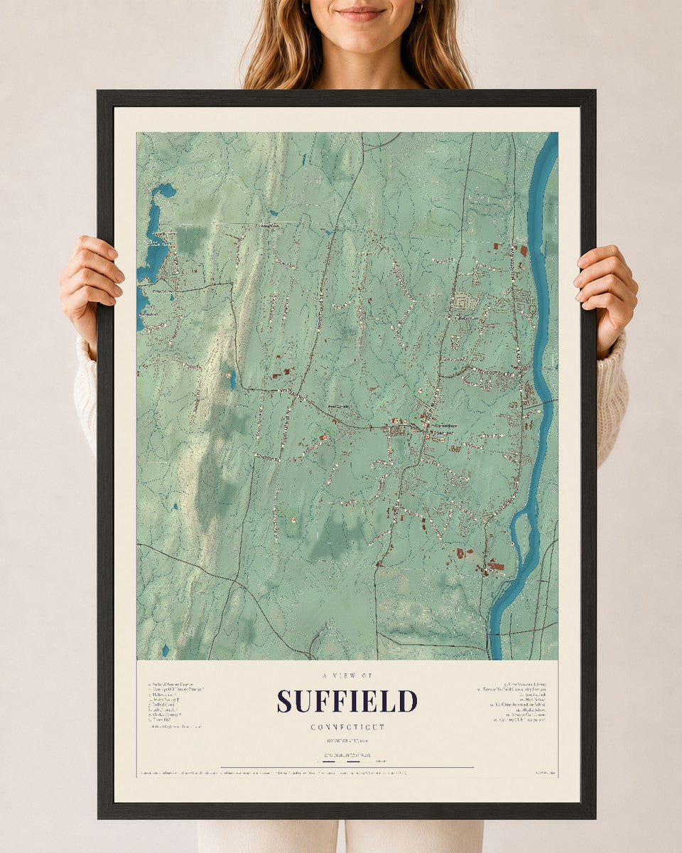 Suffield, Connecticut map print, 24" x 36", W/ Black Ayous Wood Frame
