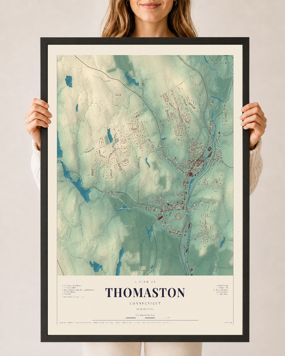 Thomaston, Connecticut map print, 24" x 36", W/ Black Ayous Wood Frame