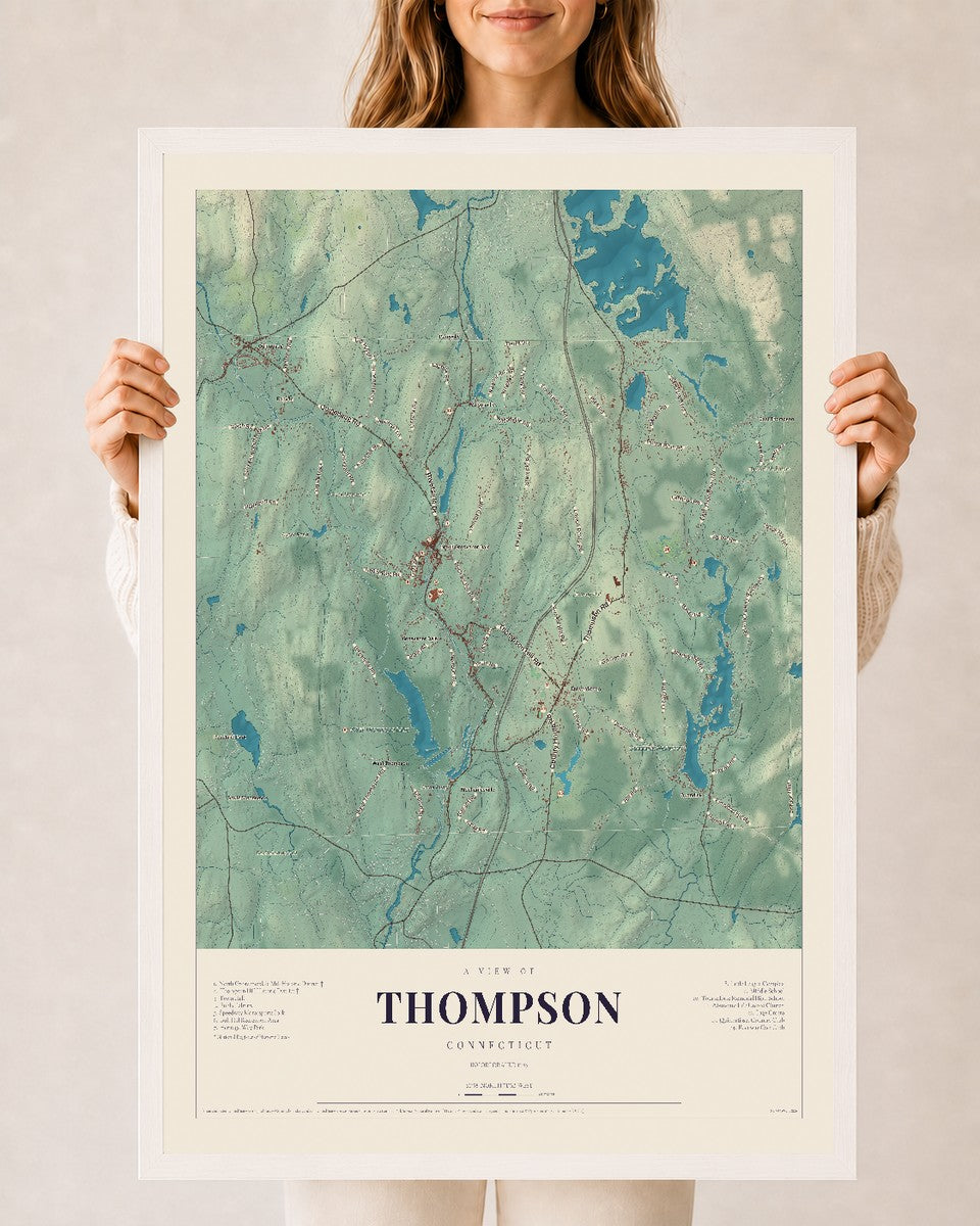 Thompson, Connecticut map print, 24" x 36", W/ White Ayous Wood Frame