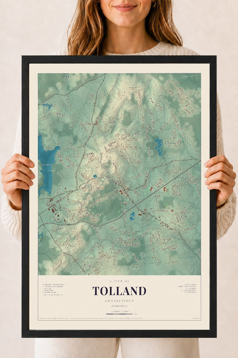Tolland, Connecticut map print, 18" x 24", W/ Black Ayous Wood Frame