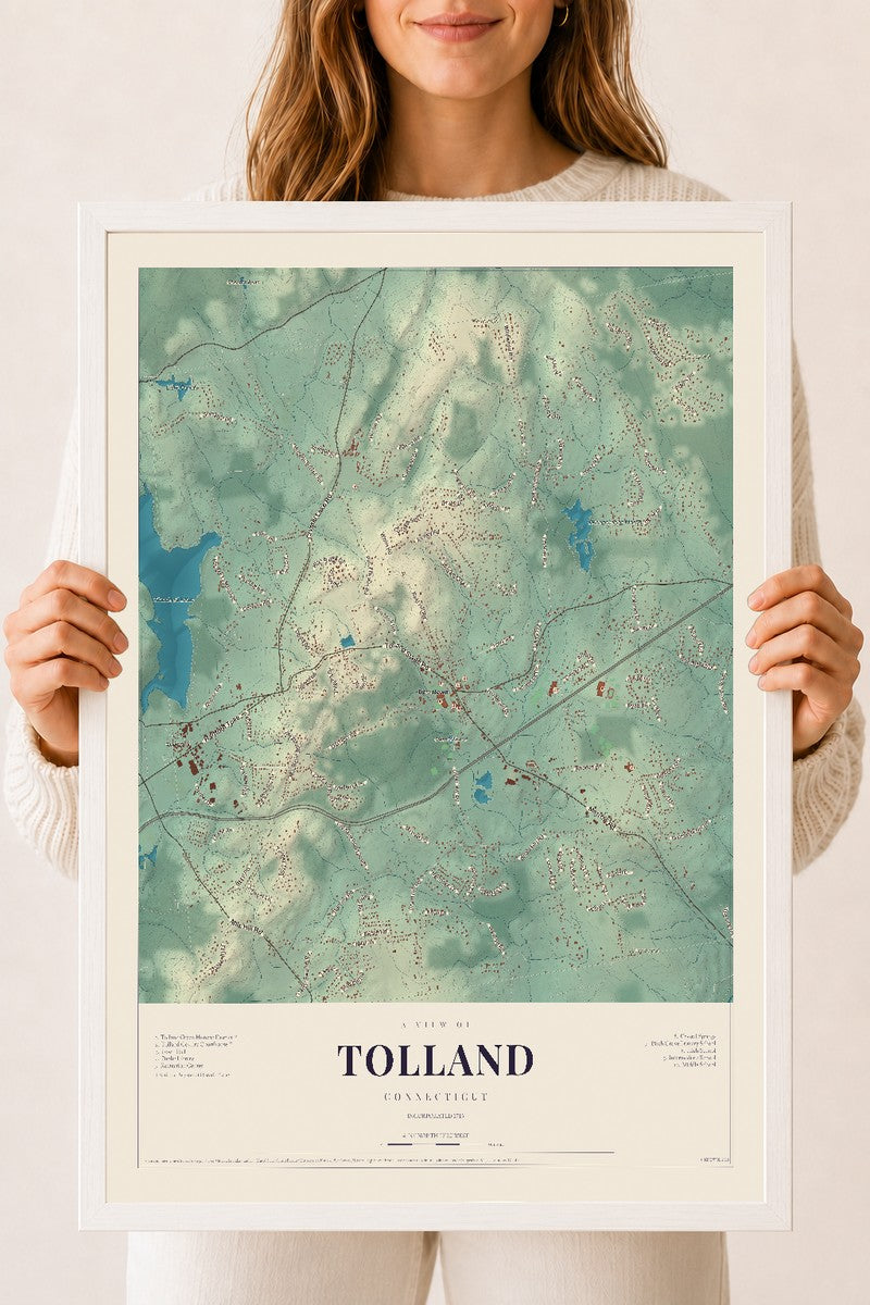 Tolland, Connecticut map print, 18" x 24", W/ White Ayous Wood Frame