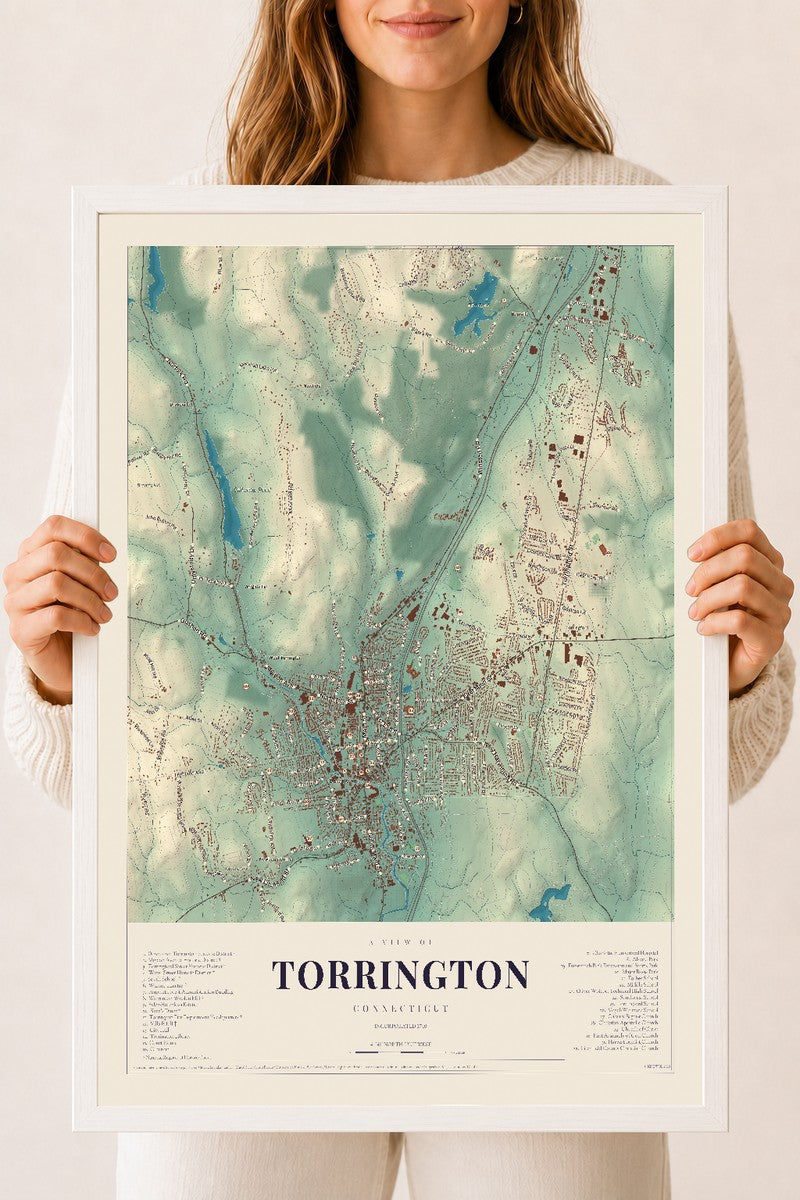 Torrington, Connecticut map print, 18" x 24", W/ White Ayous Wood Frame
