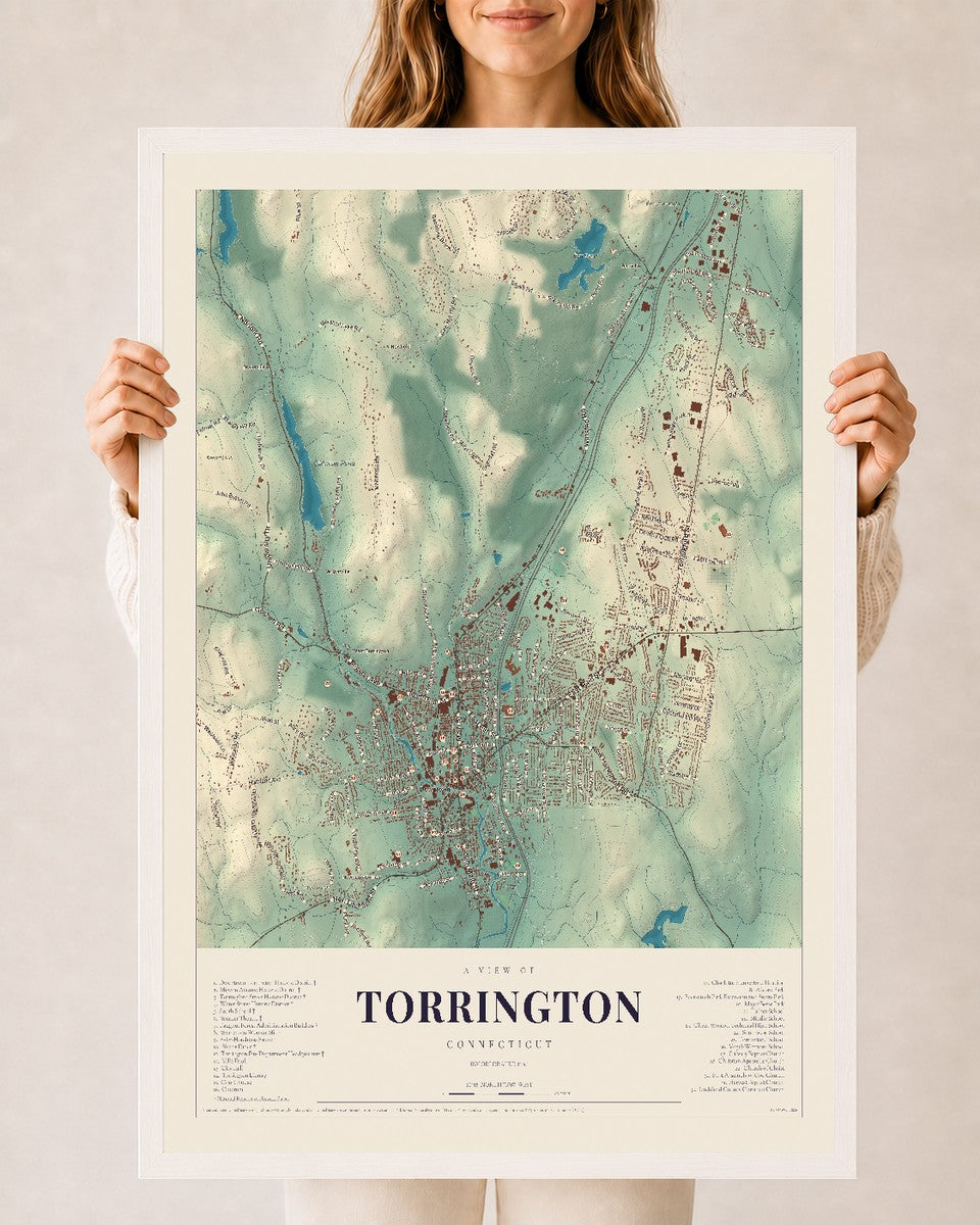 Torrington, Connecticut map print, 24" x 36", W/ White Ayous Wood Frame