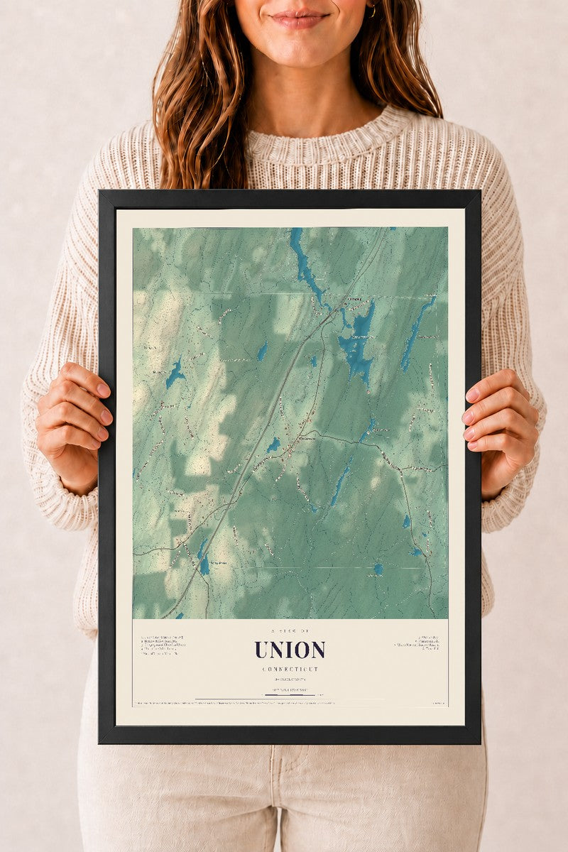 Union, Connecticut map print, 12" x 18", W/ Black Ayous Wood Frame