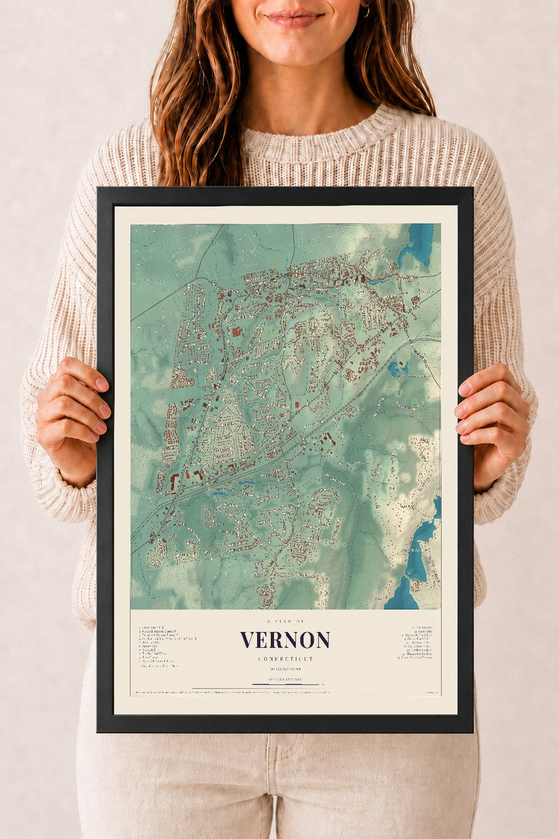 Vernon, Connecticut map print, 12" x 18", W/ Black Ayous Wood Frame