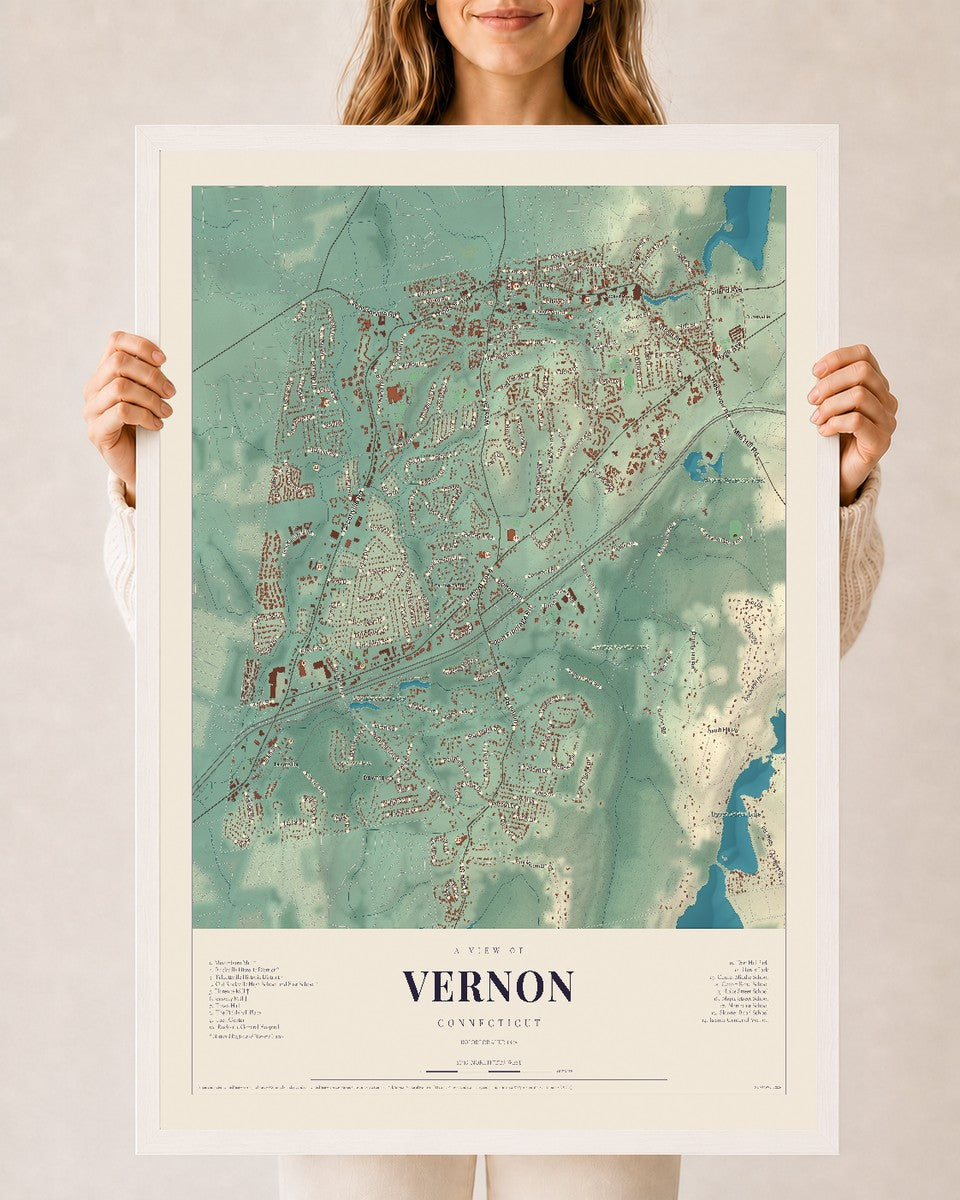 Vernon, Connecticut map print, 24" x 36", W/ White Ayous Wood Frame