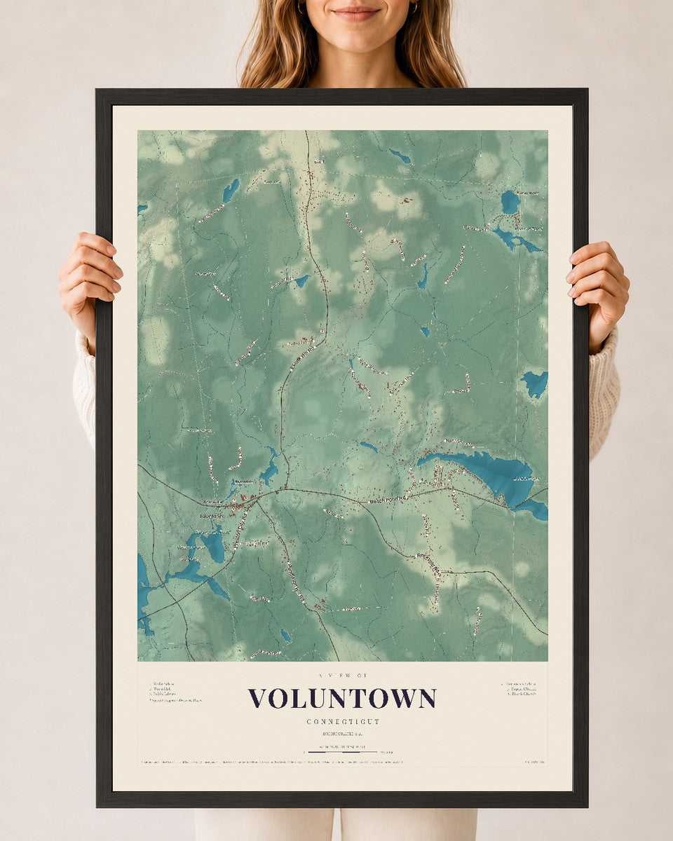 Voluntown, Connecticut map print, 24" x 36", W/ Black Ayous Wood Frame