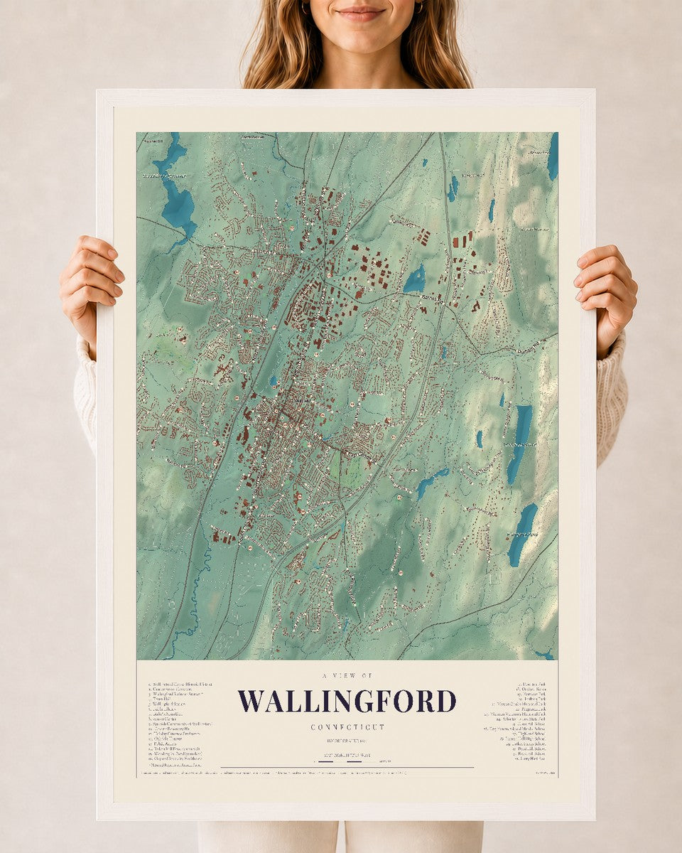 Wallingford, Connecticut map print, 24" x 36", W/ White Ayous Wood Frame