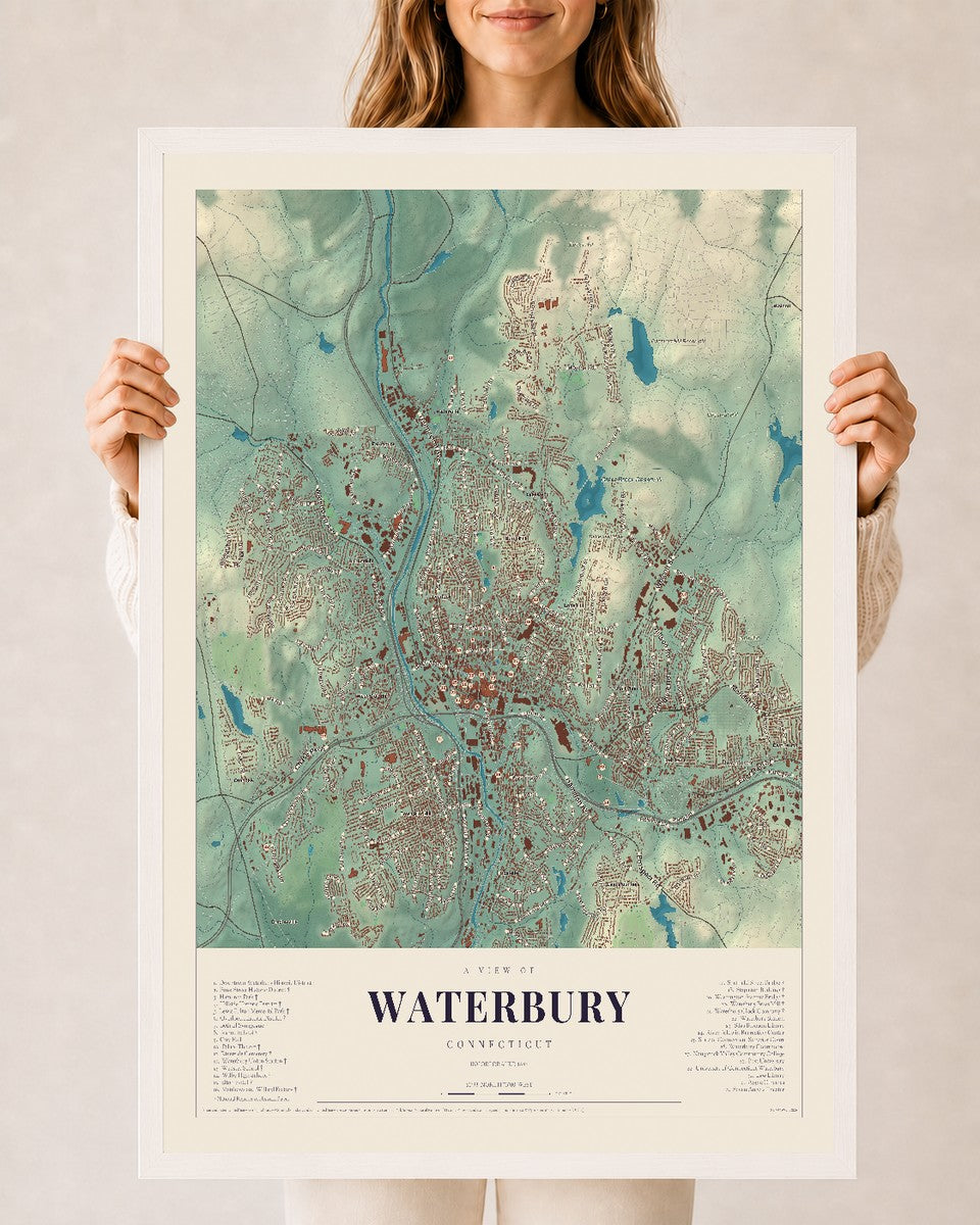 Waterbury, Connecticut map print, 24" x 36", W/ White Ayous Wood Frame