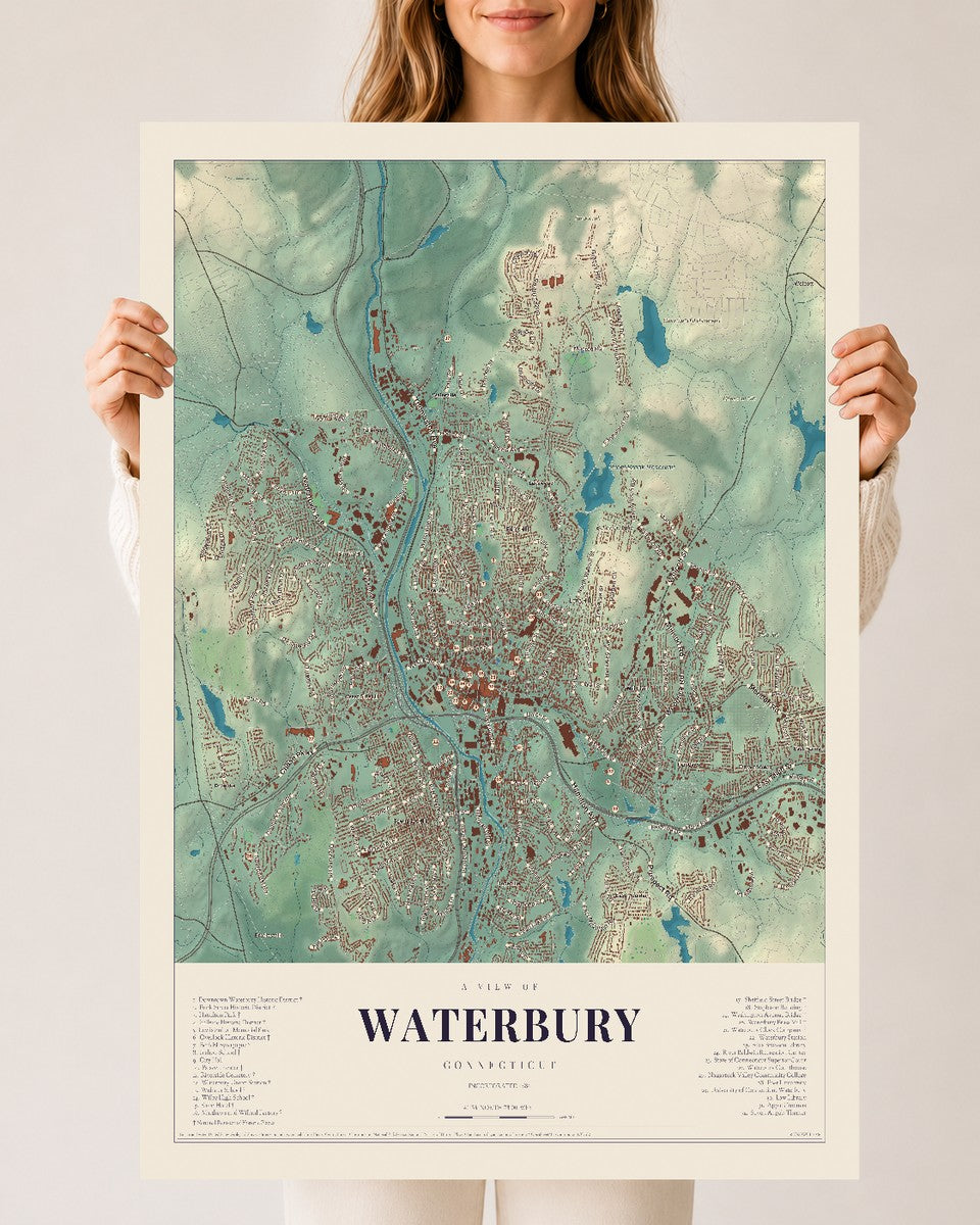 Waterbury, Connecticut map print, 24" x 36", Archival Matte Print
