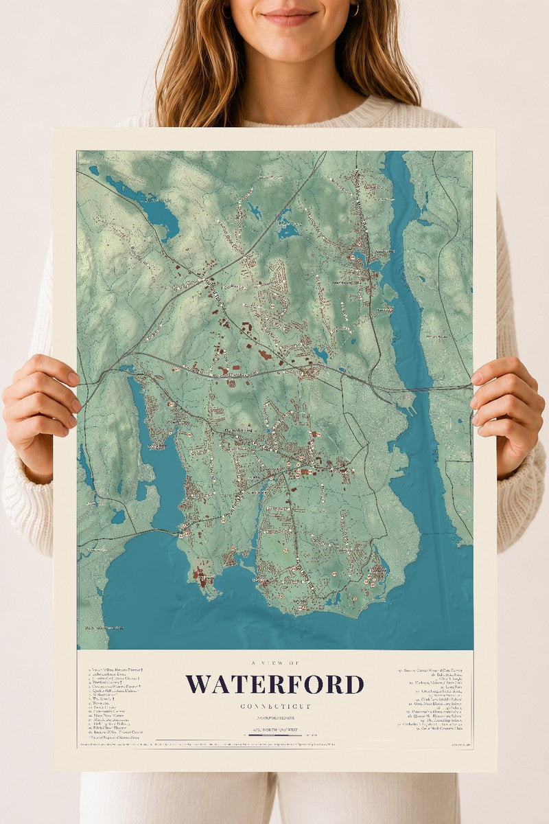 Waterford, Connecticut map print, 18" x 24", Archival Matte Print