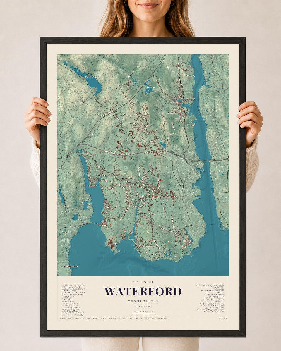 Waterford, Connecticut map print, 24" x 36", W/ Black Ayous Wood Frame