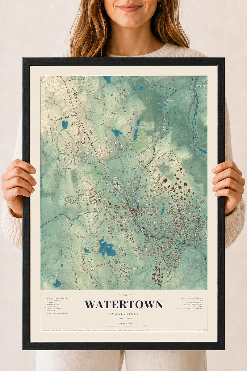 Watertown, Connecticut map print, 18" x 24", W/ Black Ayous Wood Frame