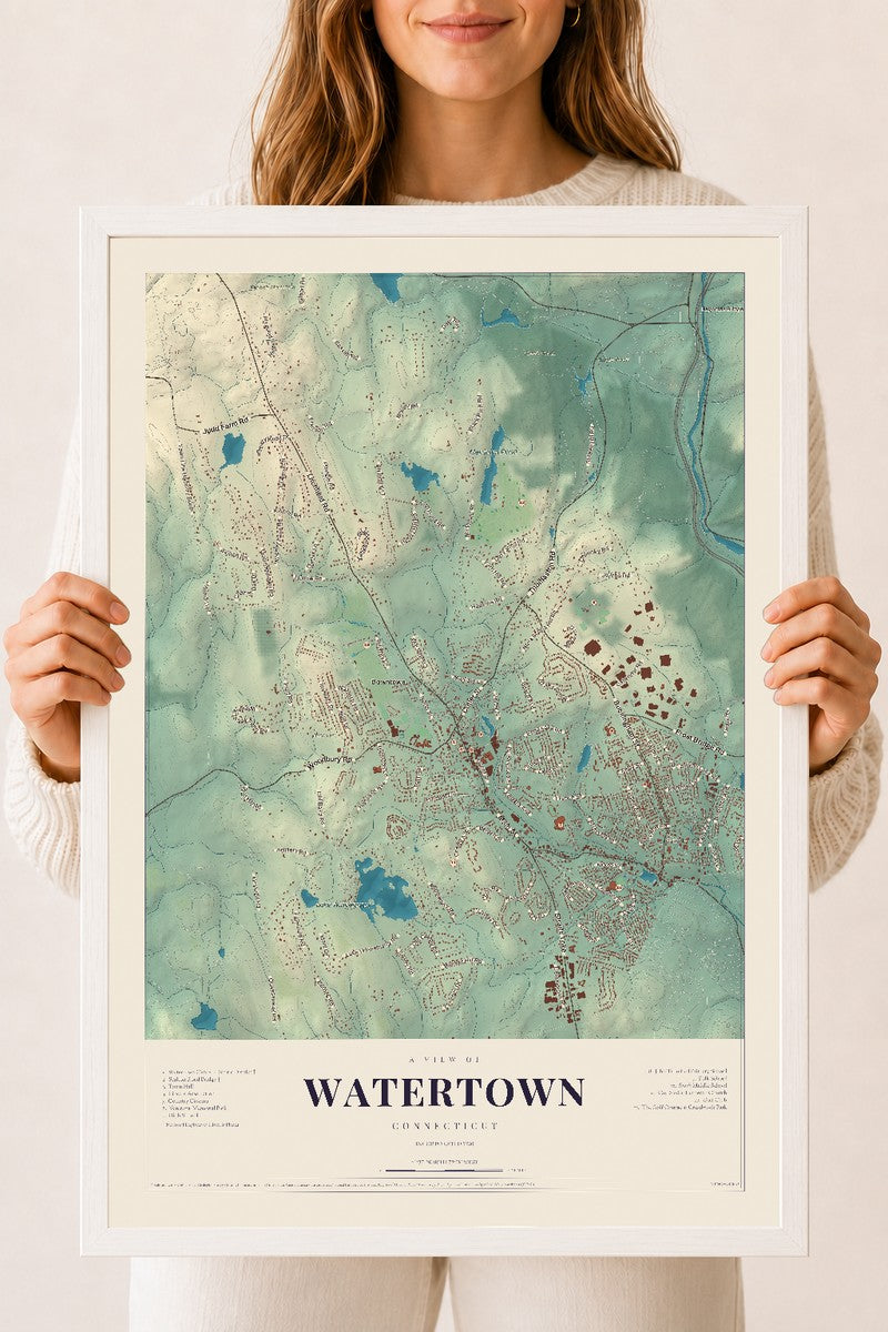 Watertown, Connecticut map print, 18" x 24", W/ White Ayous Wood Frame