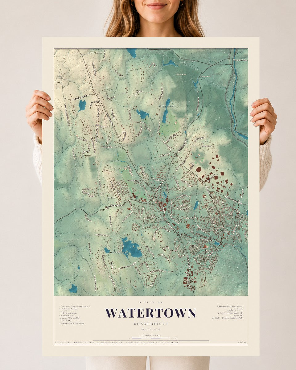 Watertown, Connecticut map print, 24" x 36", Archival Matte Print