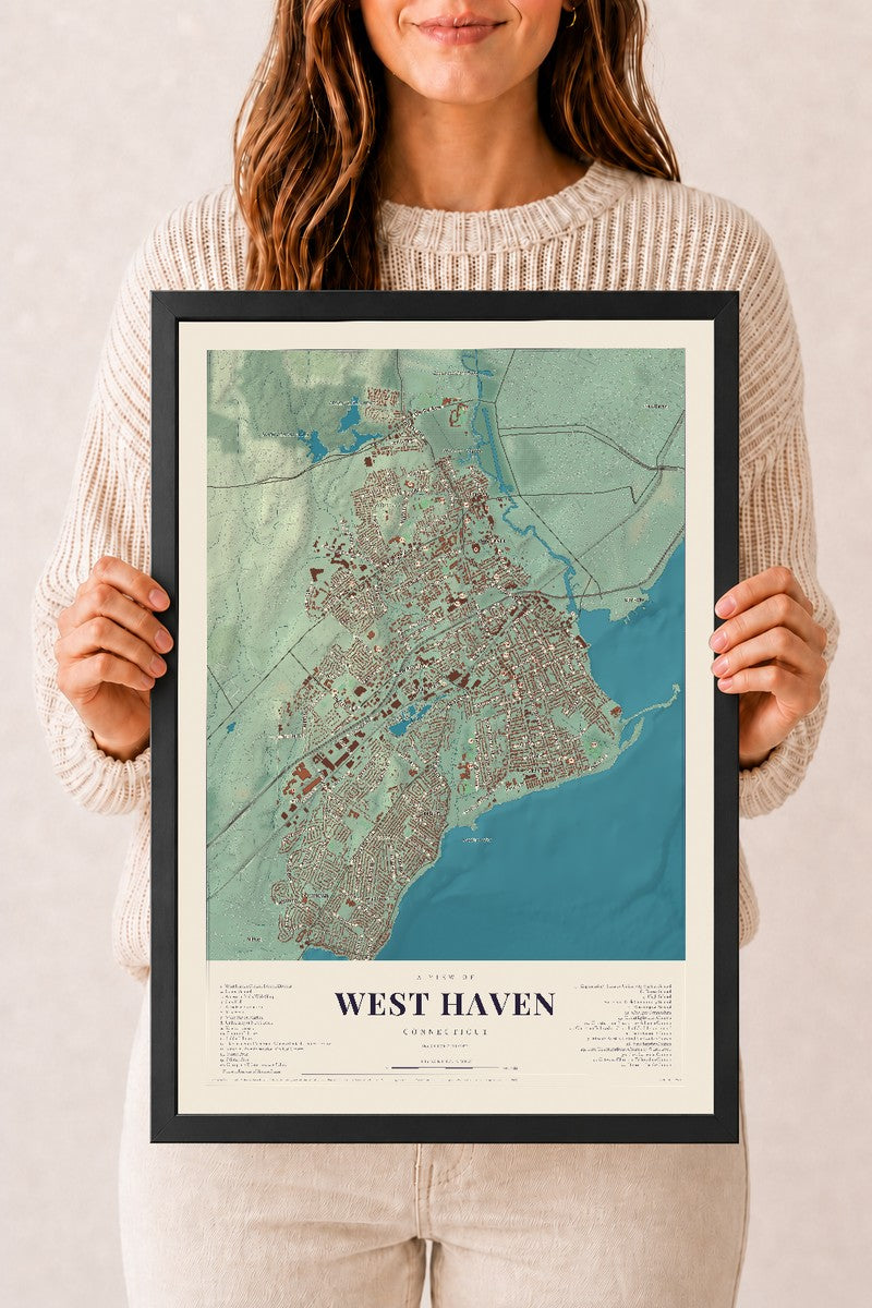West Haven, Connecticut map print, 12" x 18", W/ Black Ayous Wood Frame