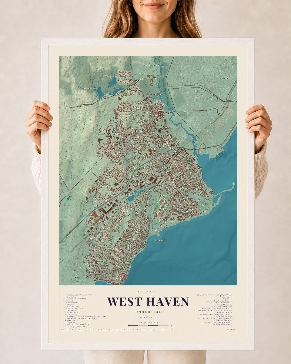West Haven, Connecticut map print, 24" x 36", W/ White Ayous Wood Frame