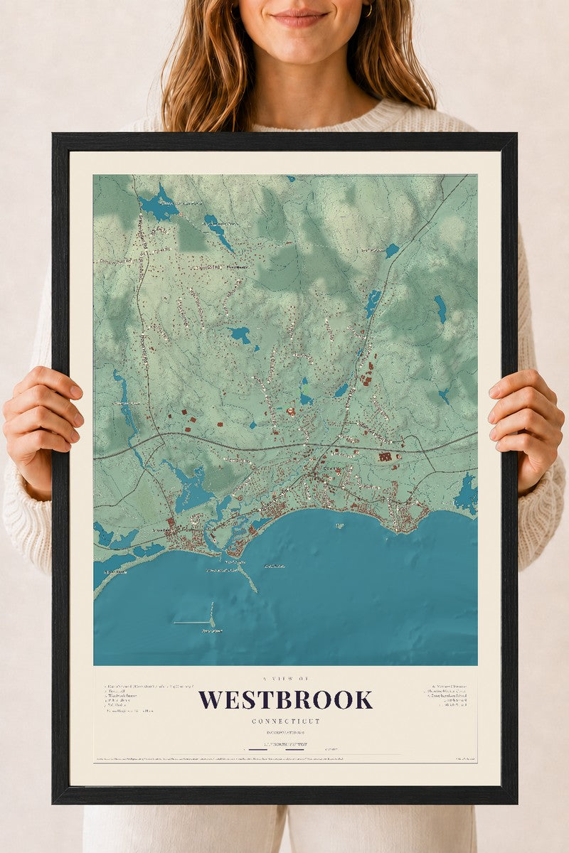 Westbrook, Connecticut map print, 18" x 24", W/ Black Ayous Wood Frame
