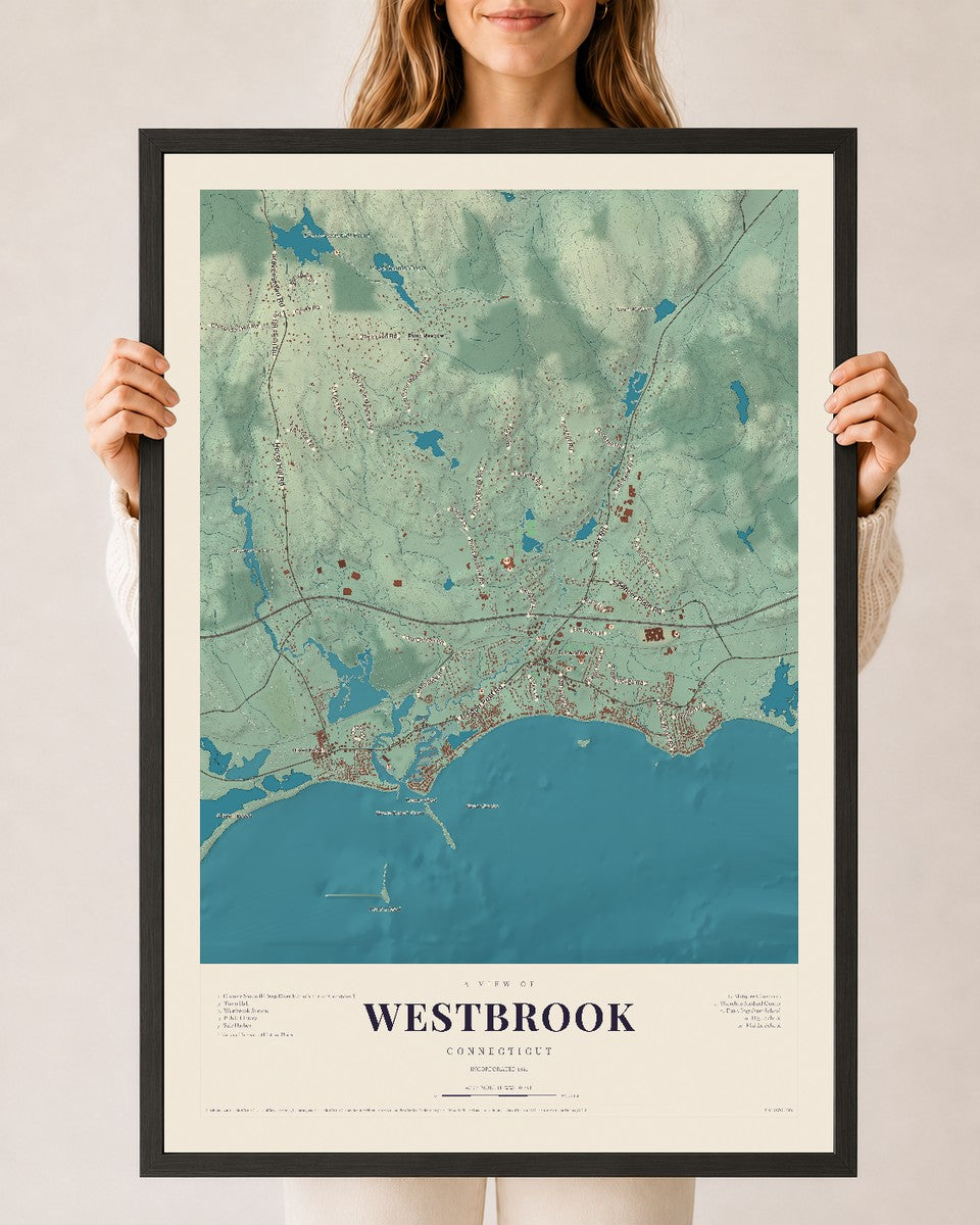 Westbrook, Connecticut map print, 24" x 36", W/ Black Ayous Wood Frame
